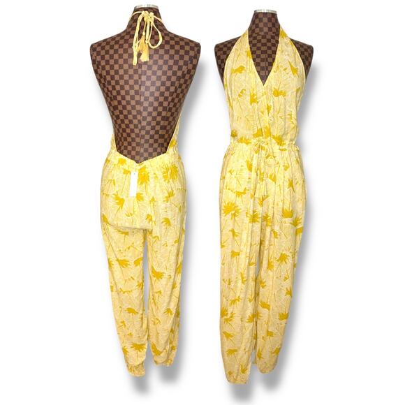 Olivaceous Yellow Halter Jumpsuit Large Split Leg Yellow Palm Print 1-Piece Boho - Picture 1 of 10